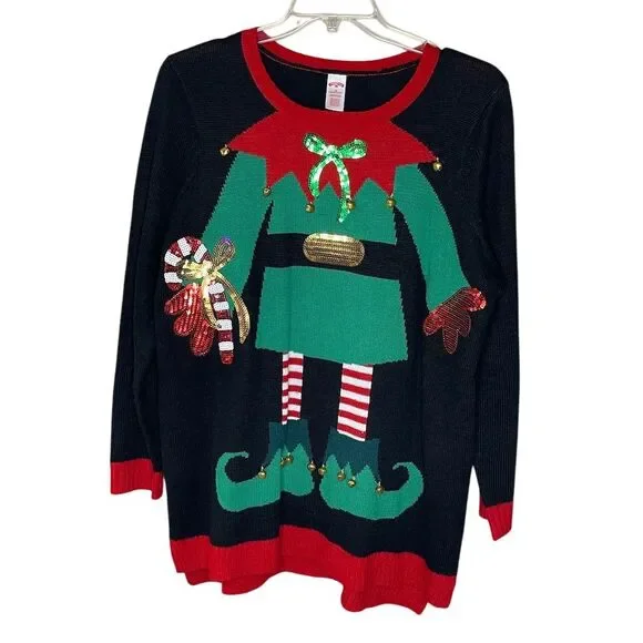 Ugly Christmas Sweater Black and Red Elf Design - Picture 1 of 4